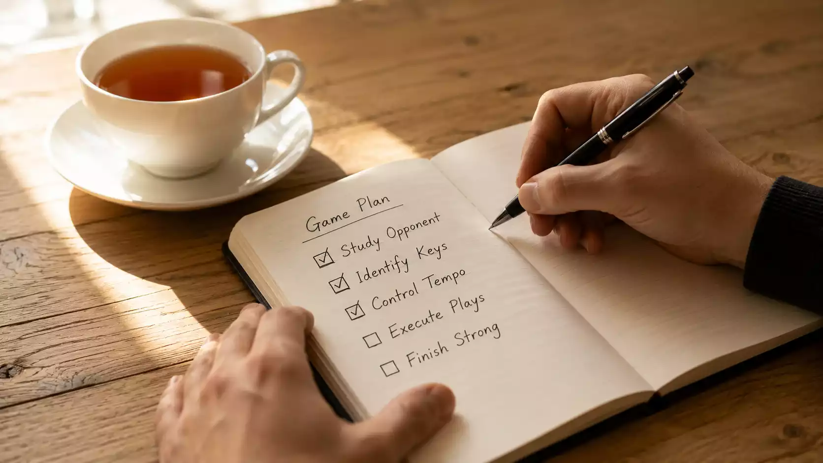 Person writing a structured betting plan in a notebook with a pen beside a cup of tea